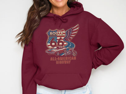 Burgundy hoodie with Route 66 logo, classic car, and motorcycle.