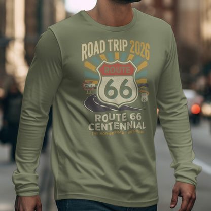 Long sleeve shirt with "Route 66 Centennial" graphic and "Road Trip 2026".