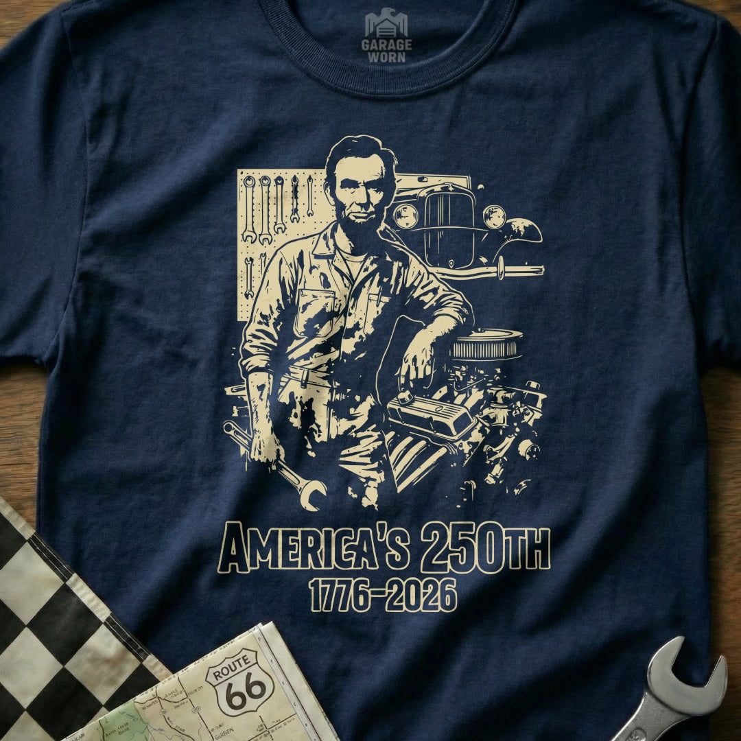 Abraham Lincoln leans on engine with "America's 250th 1776-2026" text.