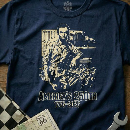 Abraham Lincoln leans on engine with "America's 250th 1776-2026" text.