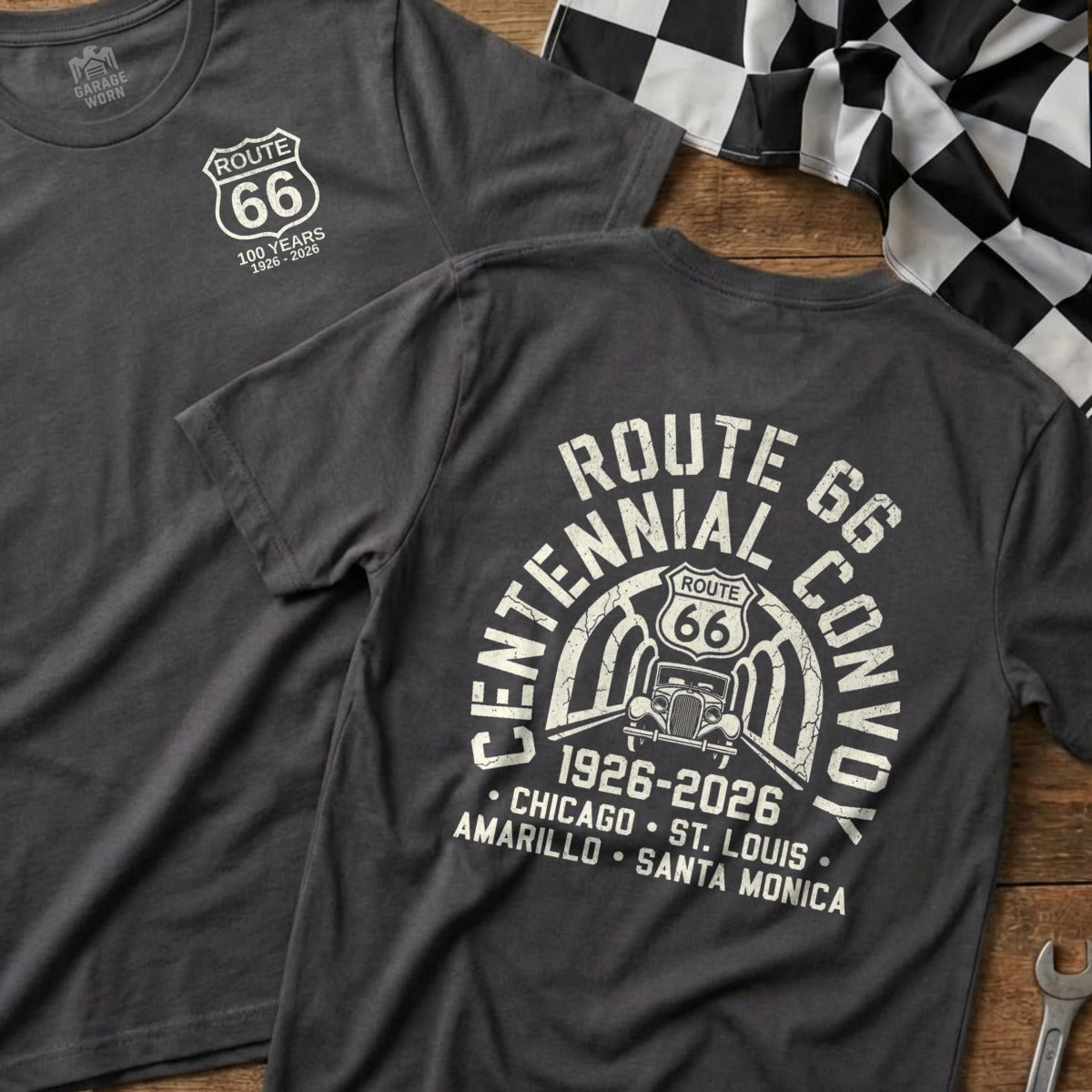 Dark gray t-shirts featuring Route 66 Centennial Convoy 1926-2026 design.