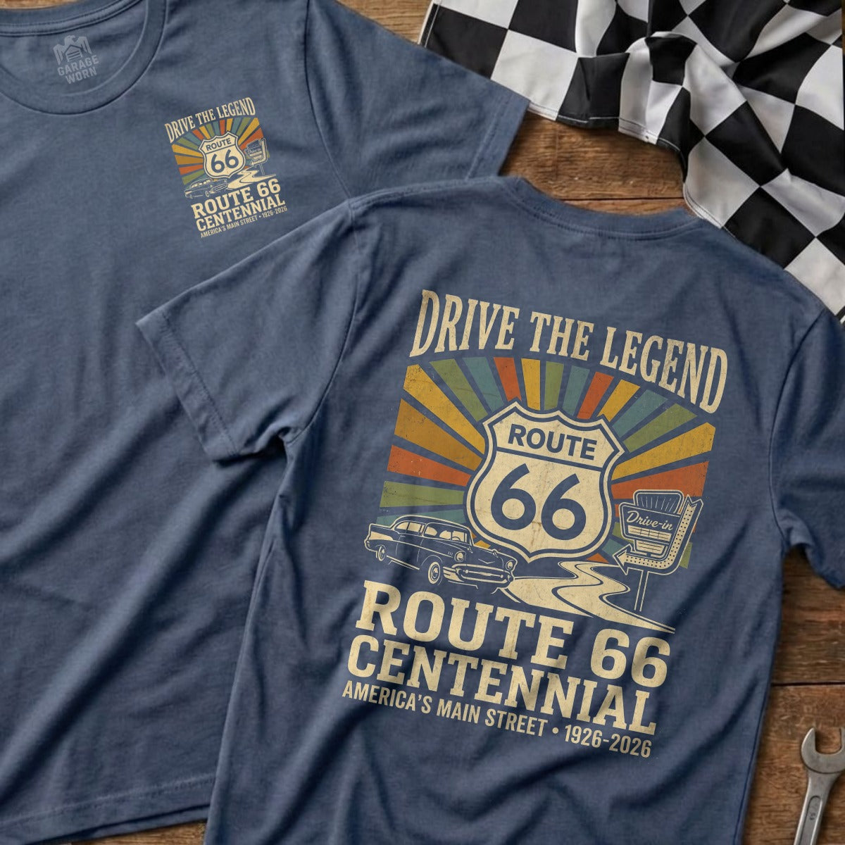 Route 66 Centennial t-shirts with vintage car and "Drive the Legend" text.