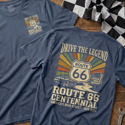 Route 66 Centennial t-shirts with vintage car and "Drive the Legend" text.