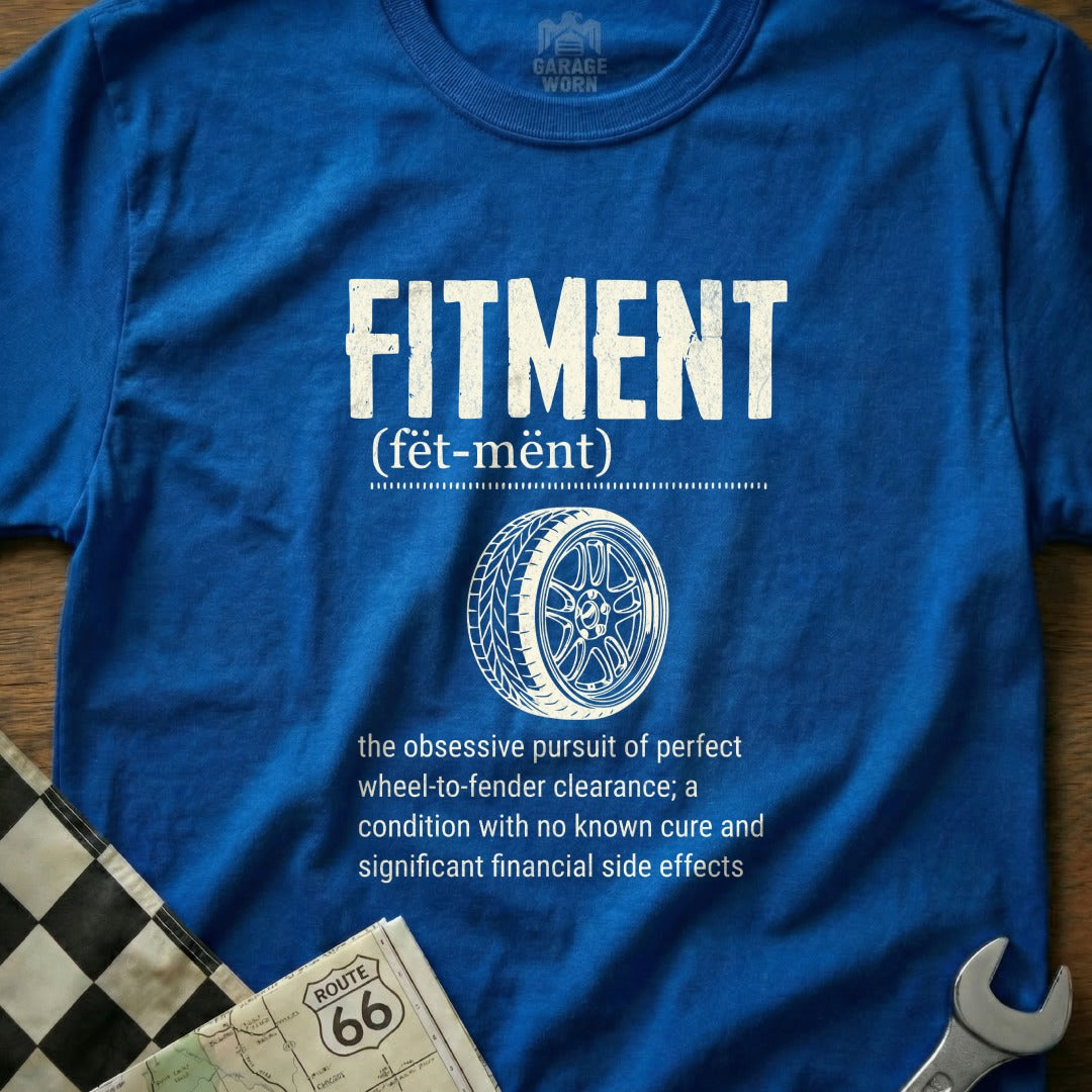 Blue t-shirt with "FITMENT" and definition about wheel-to-fender clearance.