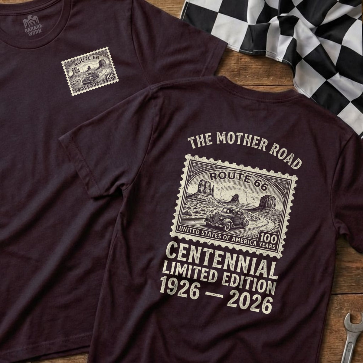 Route 66 Centennial Limited Edition t-shirt with stamp design.