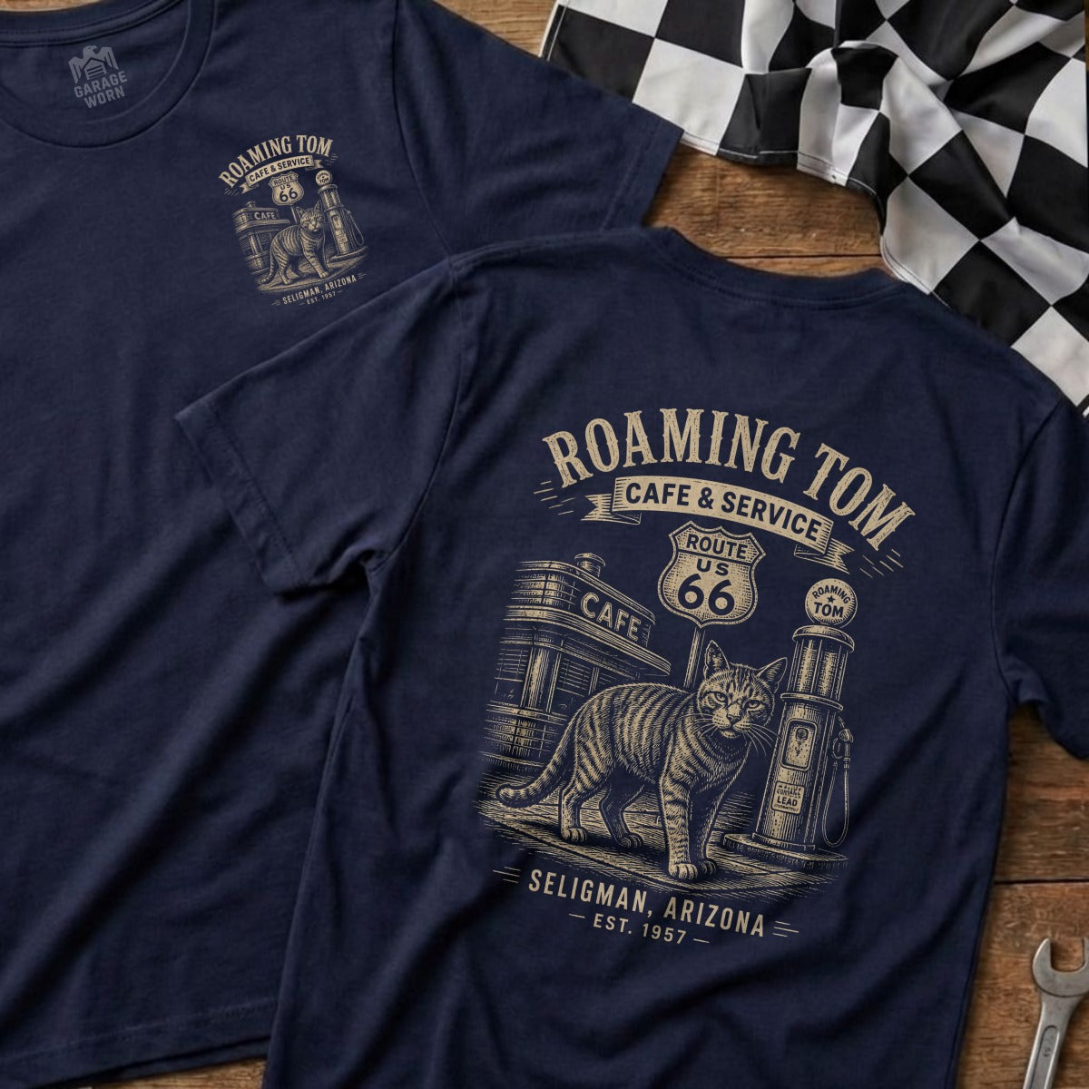 Navy t-shirt with Roaming Tom Cafe & Service Route 66 cat design.