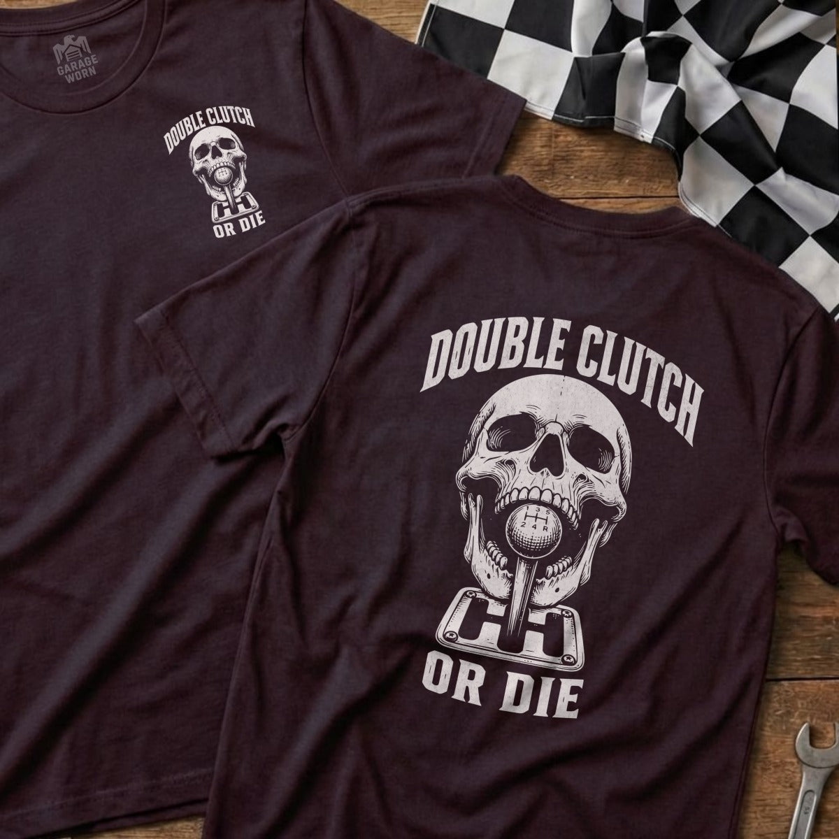 Dark t-shirts with skull, gear shift, and "Double Clutch or Die" text.