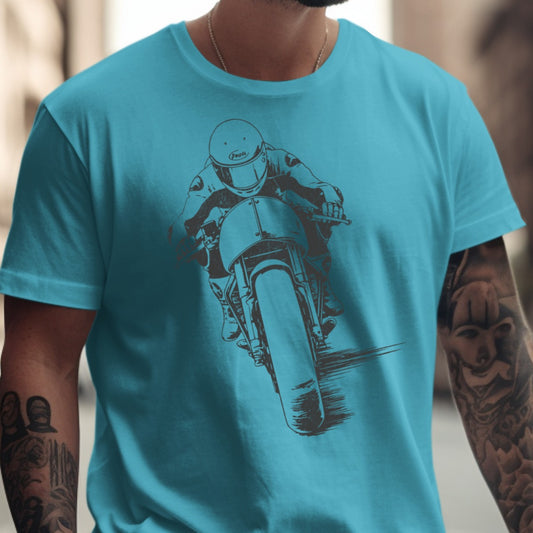 Motorbike Rider Illustration on Teal T-shirt product