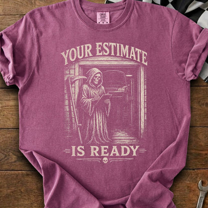 Grim reaper at garage desk with car, saying "Your Estimate is Ready."