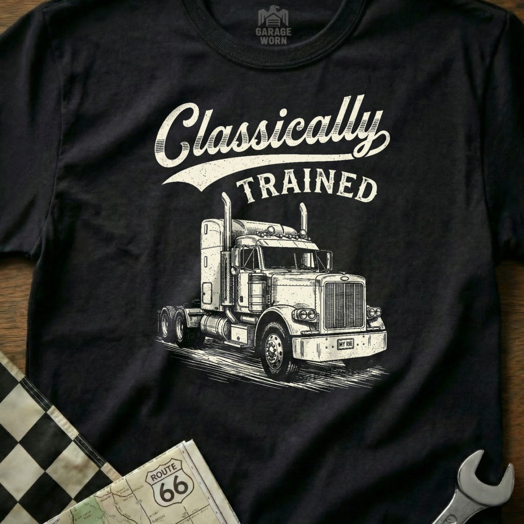 Black t-shirt with white "Classically TRAINED" text and a classic truck graphic.