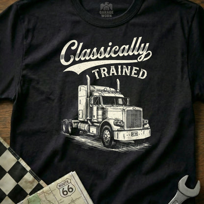 Black t-shirt with white "Classically TRAINED" text and a classic truck graphic.