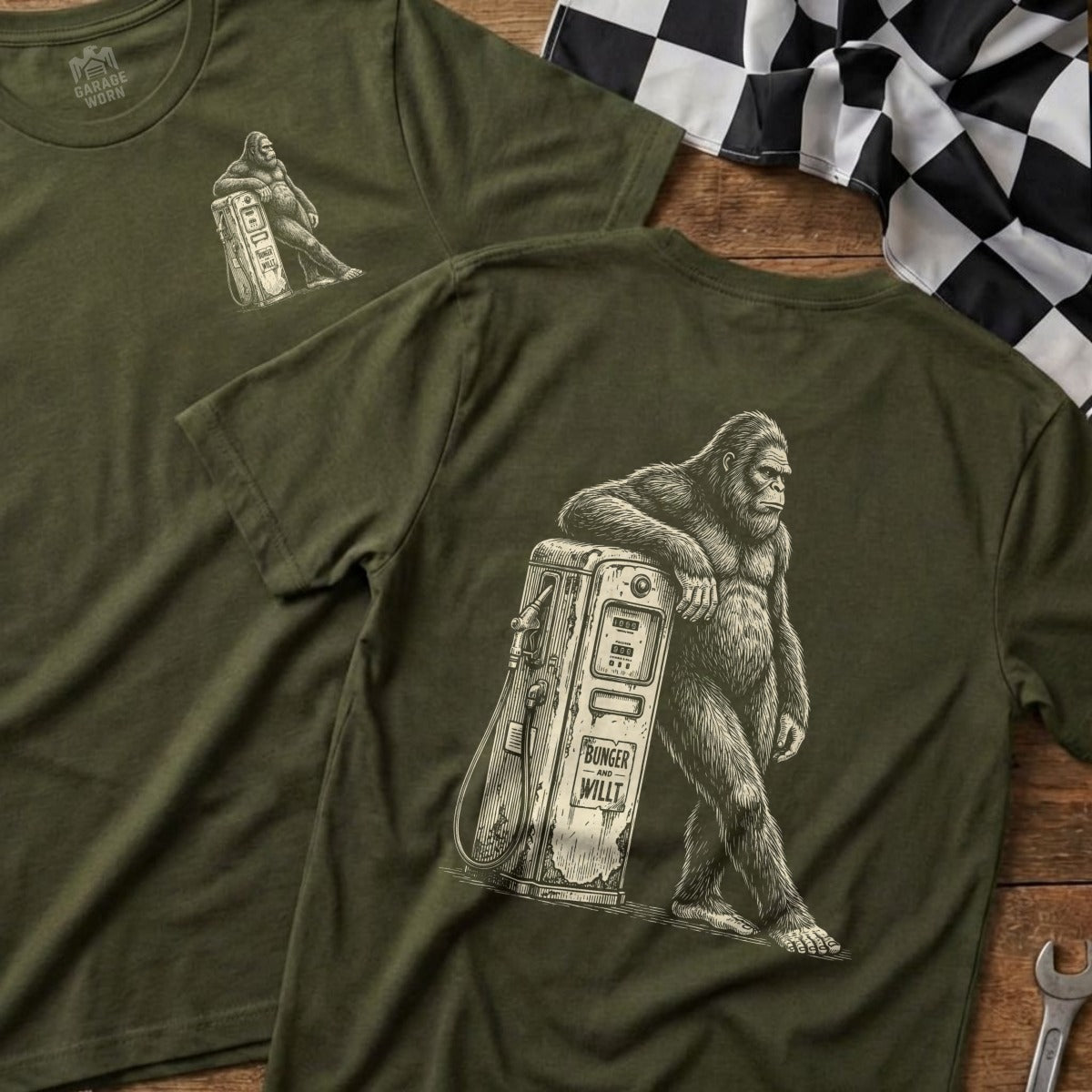 Green t-shirt with Bigfoot leaning on a vintage gas pump.