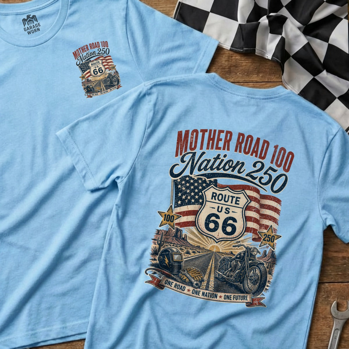 Light blue t-shirt with Route 66 graphic, motorcycle, and desert landscape.