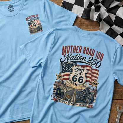 Light blue t-shirt with Route 66 graphic, motorcycle, and desert landscape.