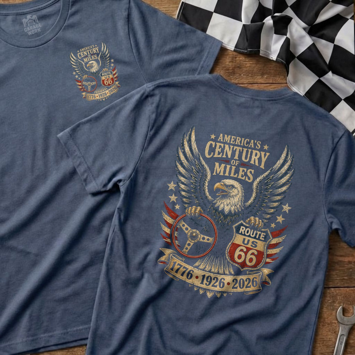 Blue t-shirt with Route 66 eagle graphic and "America's Century of Miles" text.