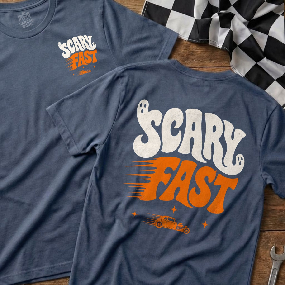 Blue t-shirts with "Scary Fast" graphic featuring ghosts, hot rod, and checkered flag.