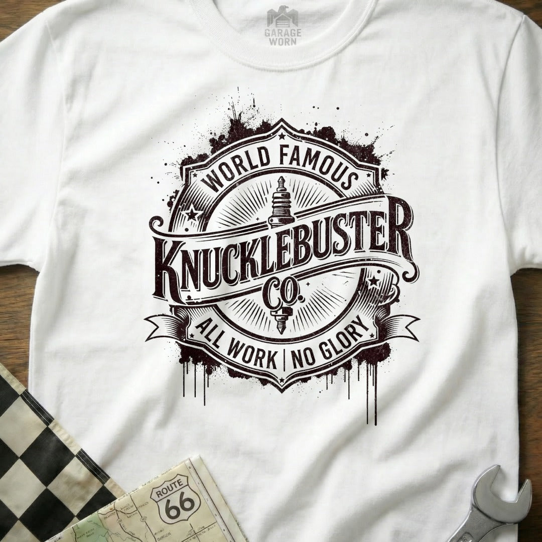 White t-shirt with distressed "Knucklebuster Co." logo and Route 66 map detail.