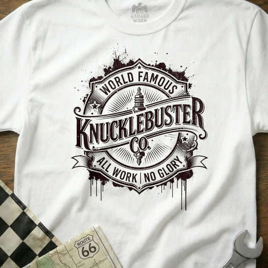 White t-shirt with distressed "Knucklebuster Co." logo and Route 66 map detail.