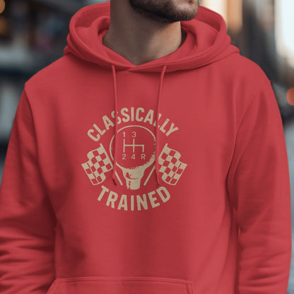 Red hoodie with tan graphic of a shift knob, checkered flags, and text.
