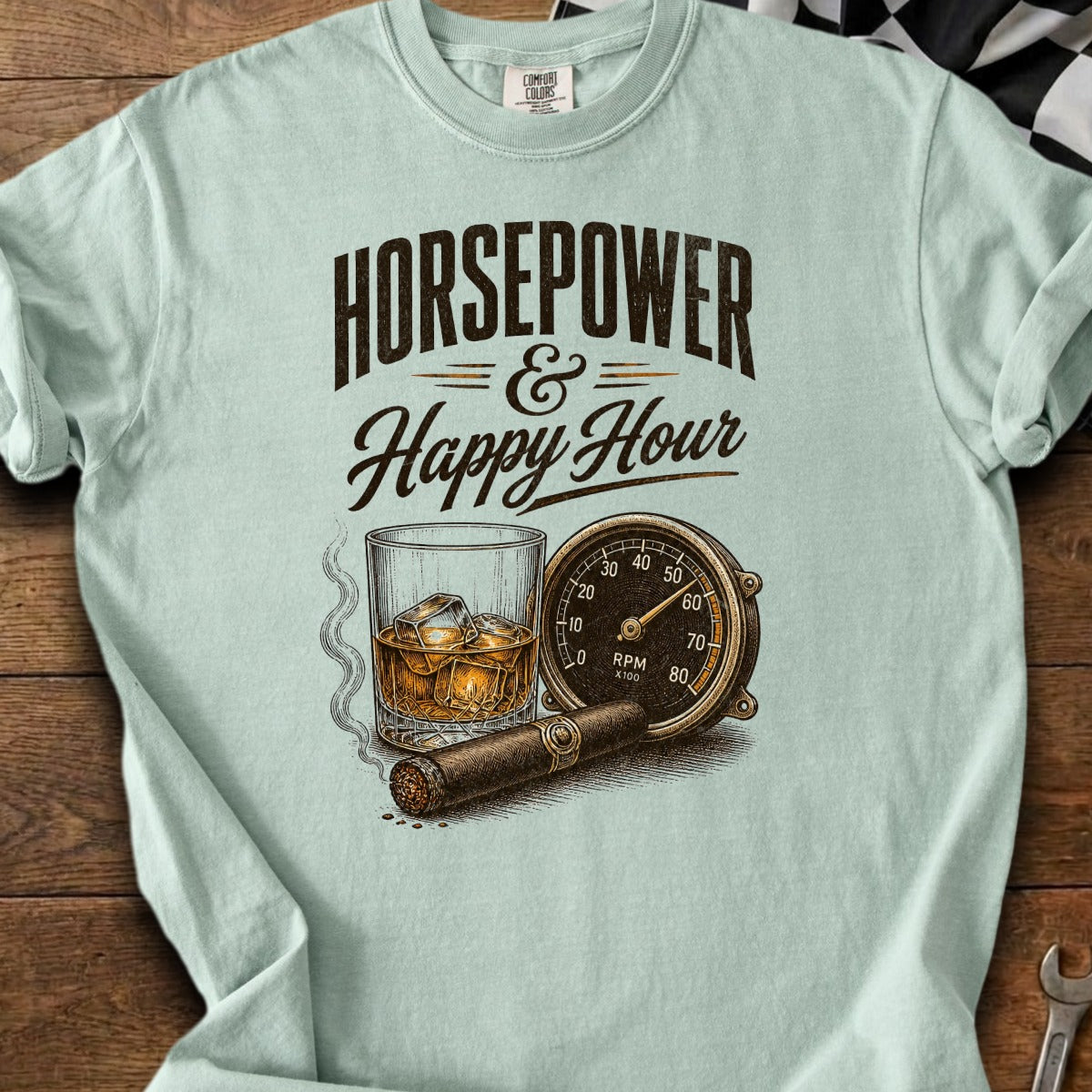 Text "Horsepower & Happy Hour" with whiskey, cigar, and tachometer.