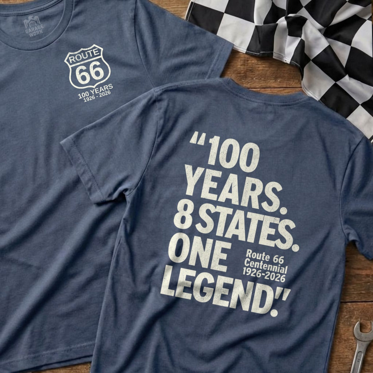 Blue t-shirts celebrating Route 66's 100th anniversary.
