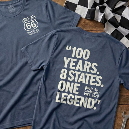 Blue t-shirts celebrating Route 66's 100th anniversary.