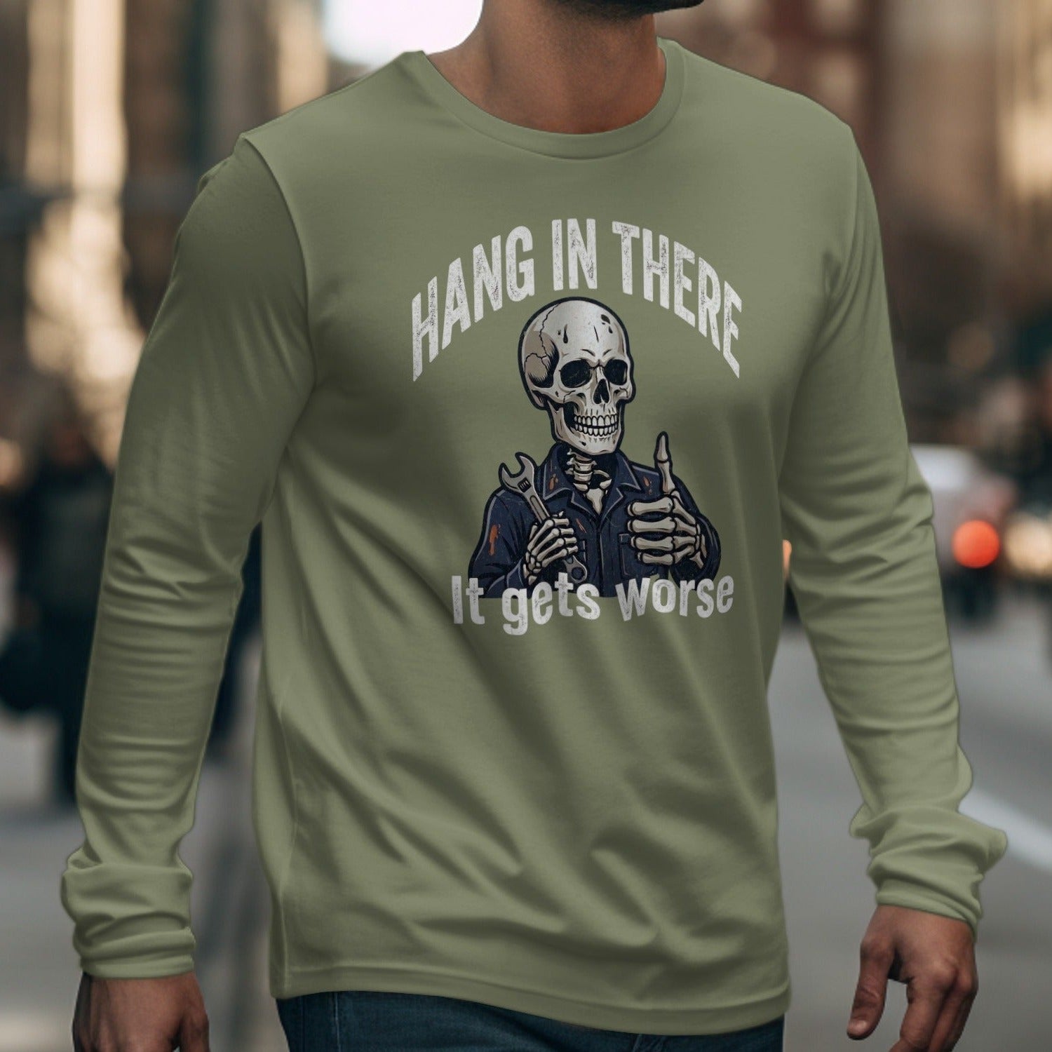 Skeleton giving thumbs up with wrench, "Hang in there. It gets worse."