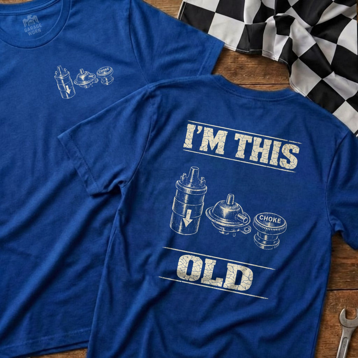 Two blue t-shirts with vintage carburetor and choke graphic and text.