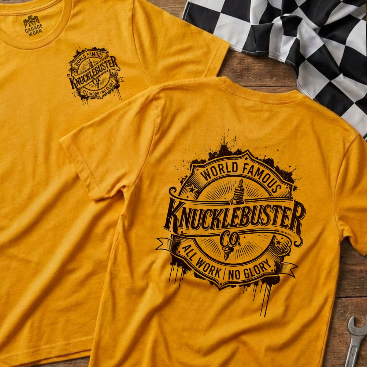 Two yellow t-shirts with "World Famous Knucklebuster Co. All Work No Glory" text.