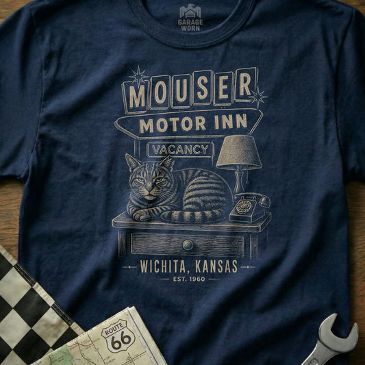 Mouser Motor Inn graphic with cat, lamp, and rotary phone on a navy t-shirt.