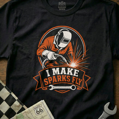 Black t-shirt with "I MAKE SPARKS FLY" text and welder welding sparks.