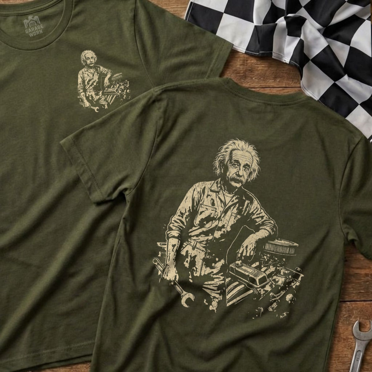 T-shirt with Albert Einstein leaning on an engine,Garage Worn logo.