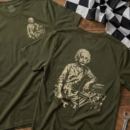 T-shirt with Albert Einstein leaning on an engine,Garage Worn logo.
