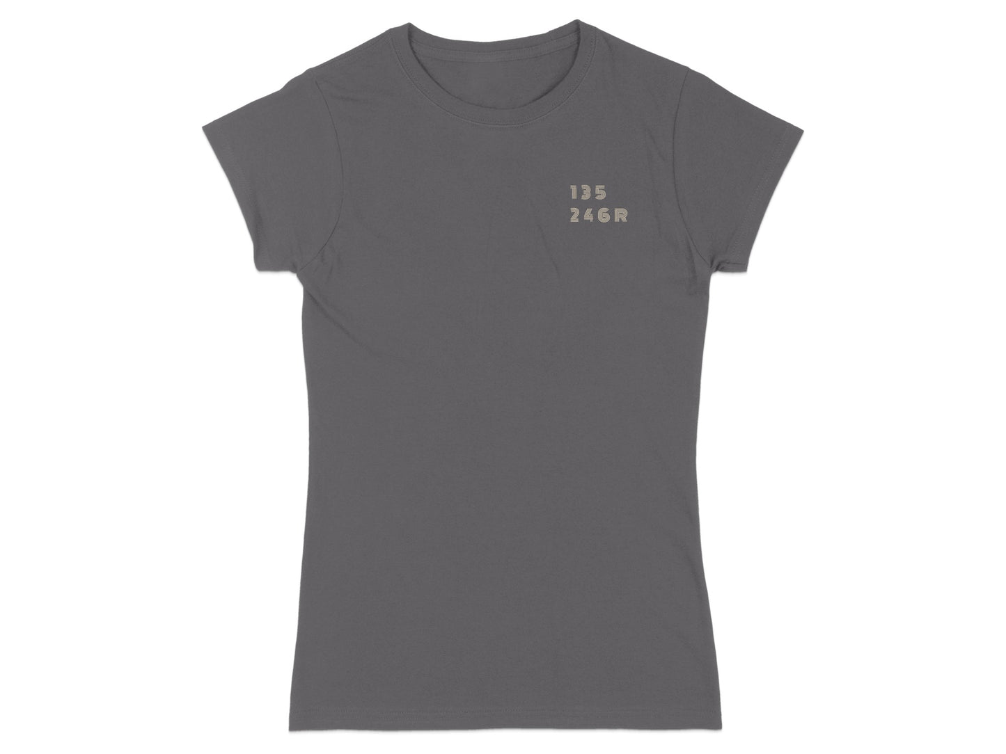 Dark grey t-shirt with "135 246R" printed on the upper left chest.
