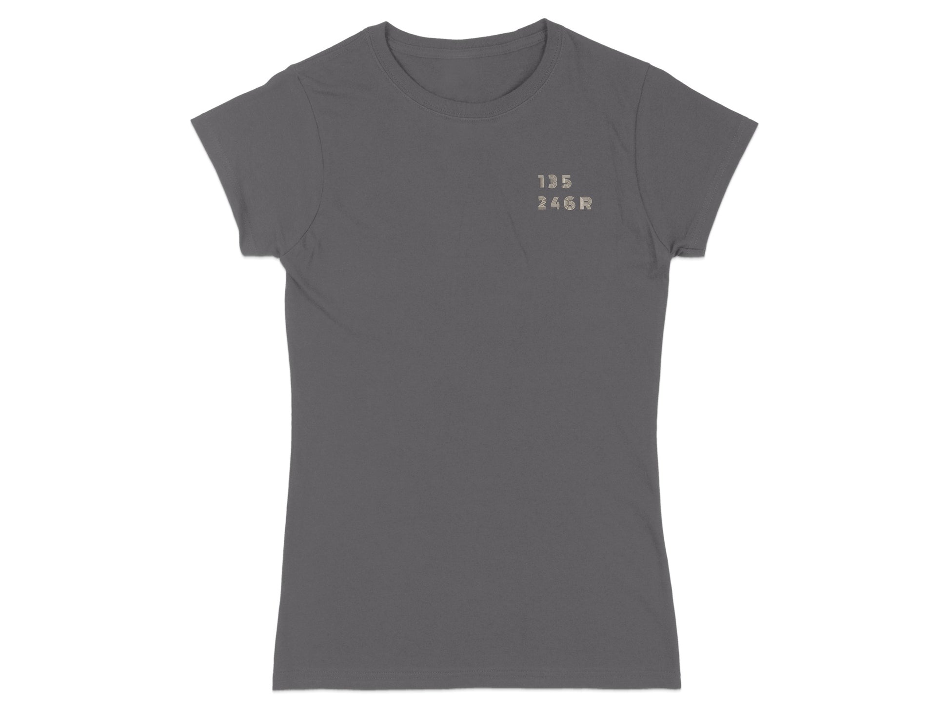 Dark grey t-shirt with "135 246R" printed on the upper left chest.