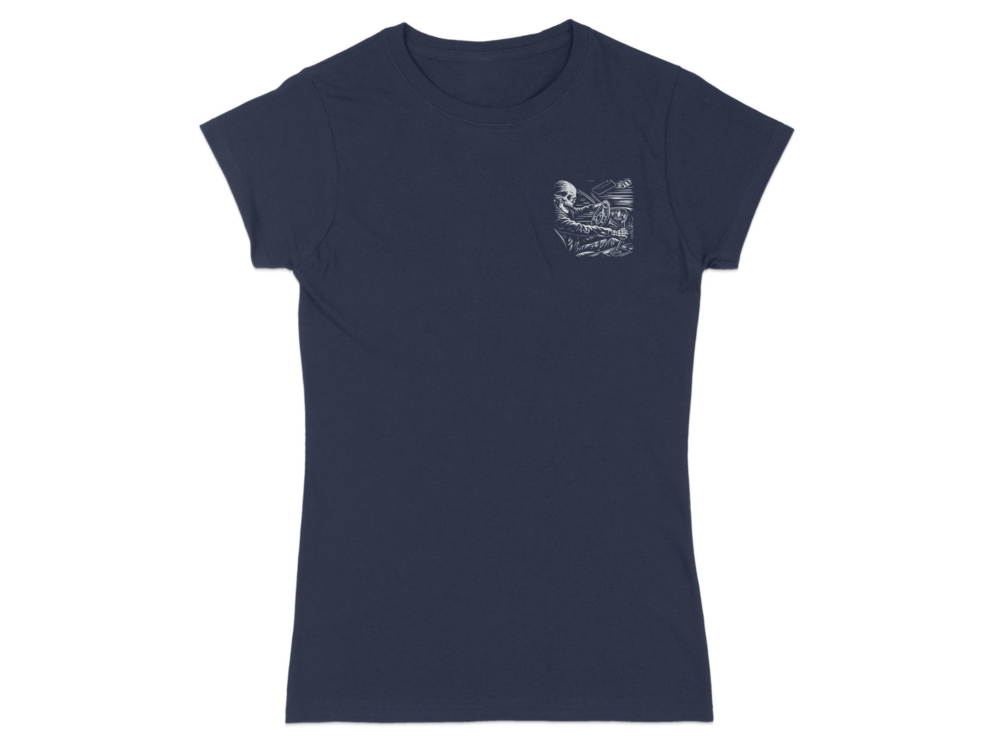 Navy t-shirt with a small white skull playing piano graphic on left chest.
