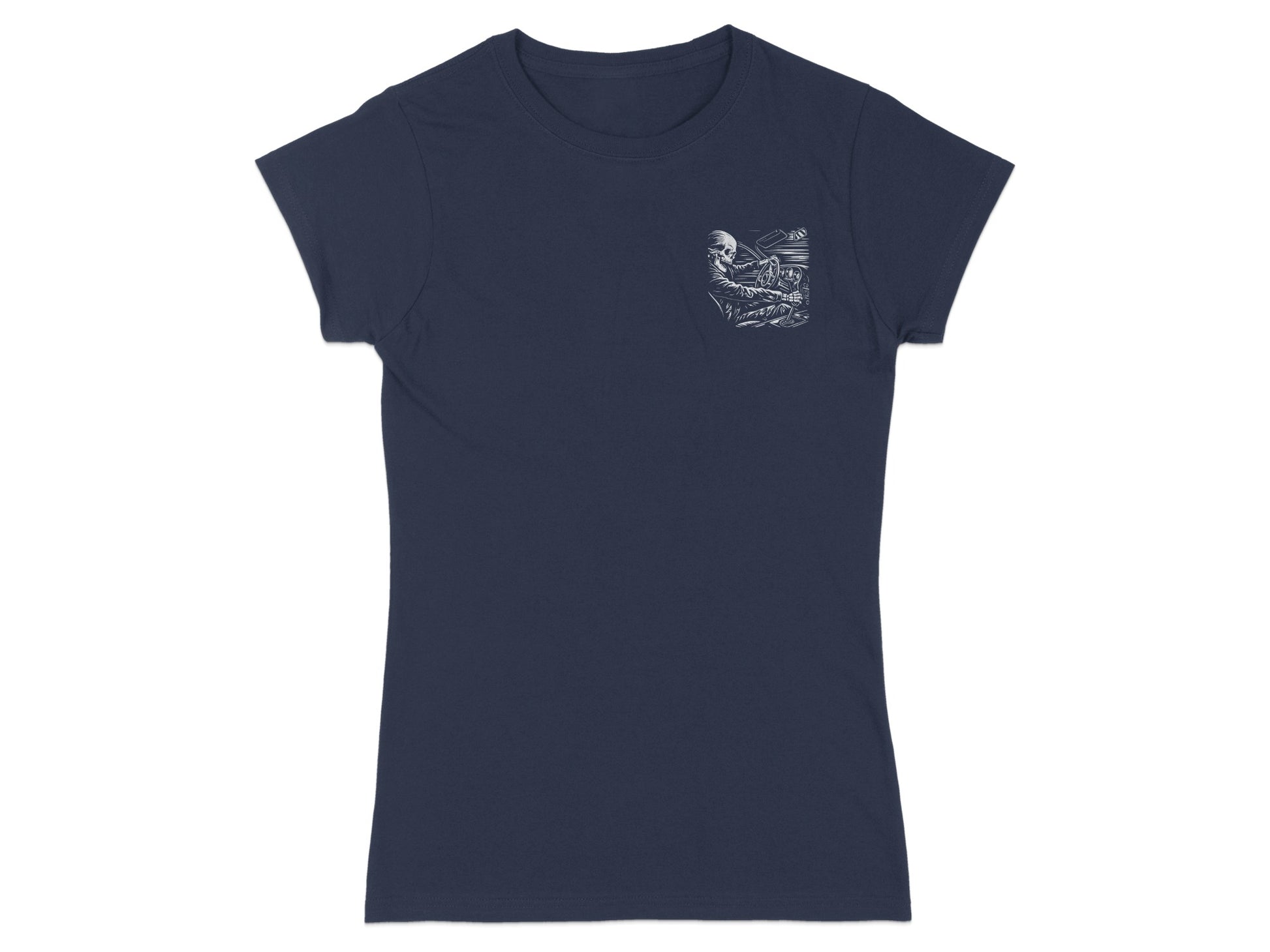 Navy t-shirt with a small white skull playing piano graphic on left chest.