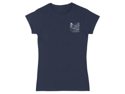 Navy t-shirt with a small white skull playing piano graphic on left chest.