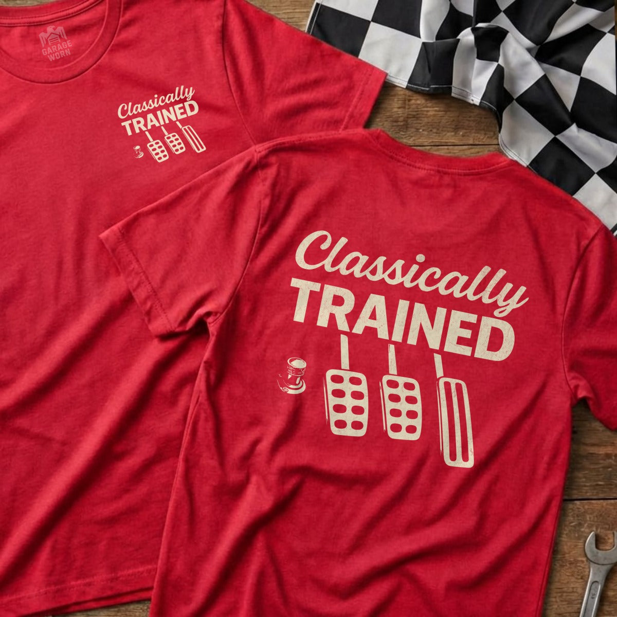 Red t-shirt with "Classically Trained" and pedals graphic.