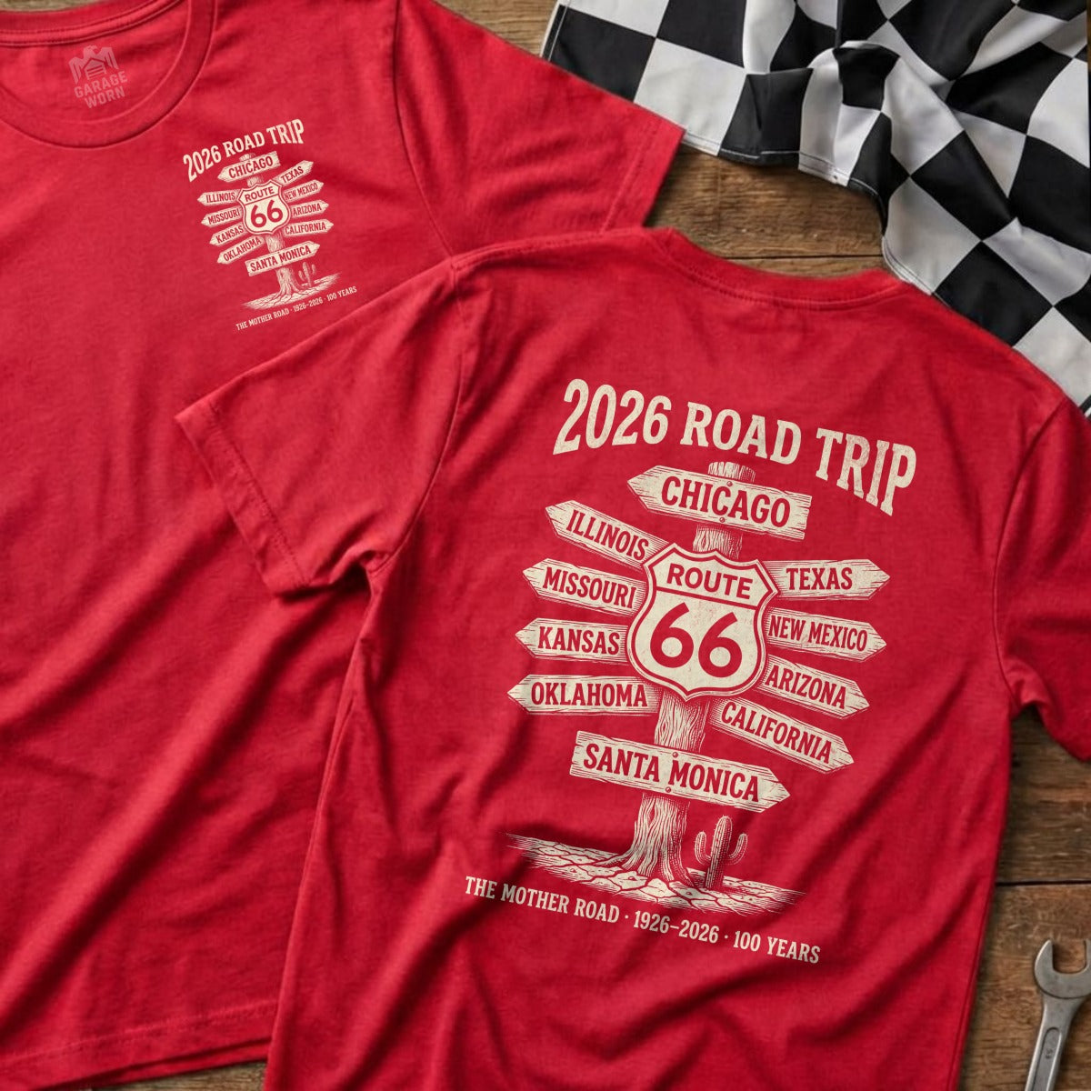Red t-shirt with "2026 Road Trip" and Route 66 destinations.