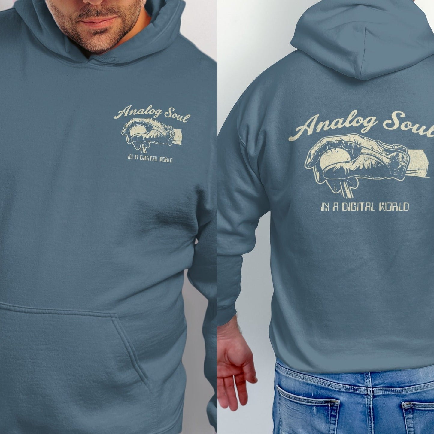 Blue hoodie with "Analog Soul in a Digital World" text and graphic.