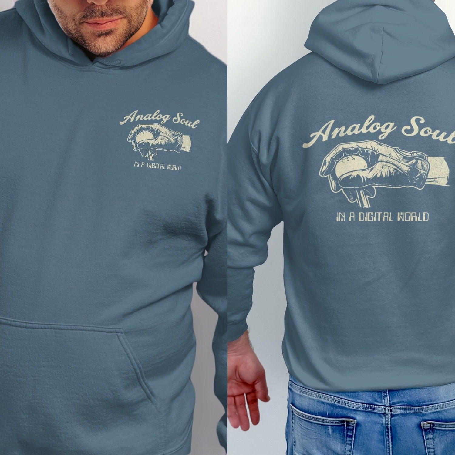 Blue hoodie with "Analog Soul in a Digital World" text and graphic.