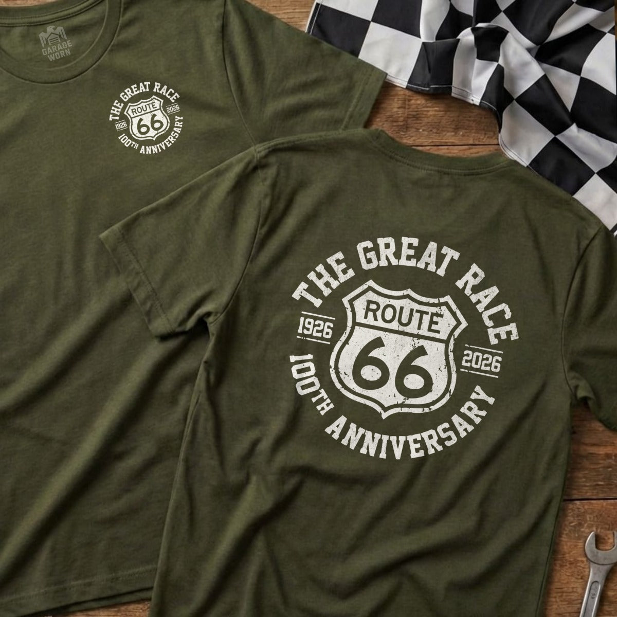 Olive green t-shirt with "The Great Race 100th Anniversary Route 66" graphic.