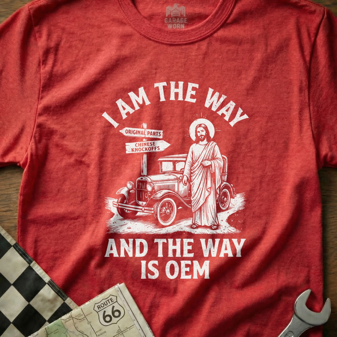 Red t-shirt with Jesus and a car, saying "I AM THE WAY AND THE WAY IS OEM".