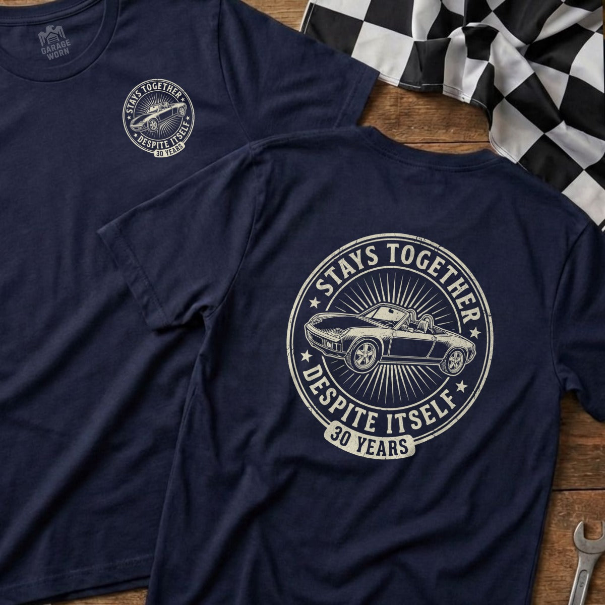 Navy t-shirts with "Stays Together Despite Itself 30 Years" and car graphic.