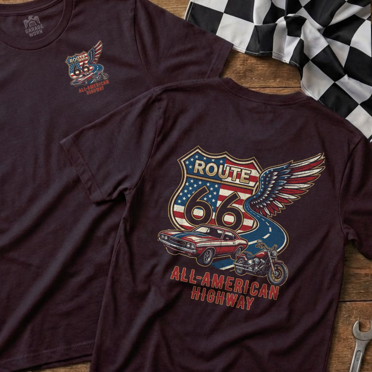 Burgundy t-shirt featuring Route 66 logo with car and motorcycle.