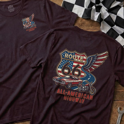 Burgundy t-shirt featuring Route 66 logo with car and motorcycle.