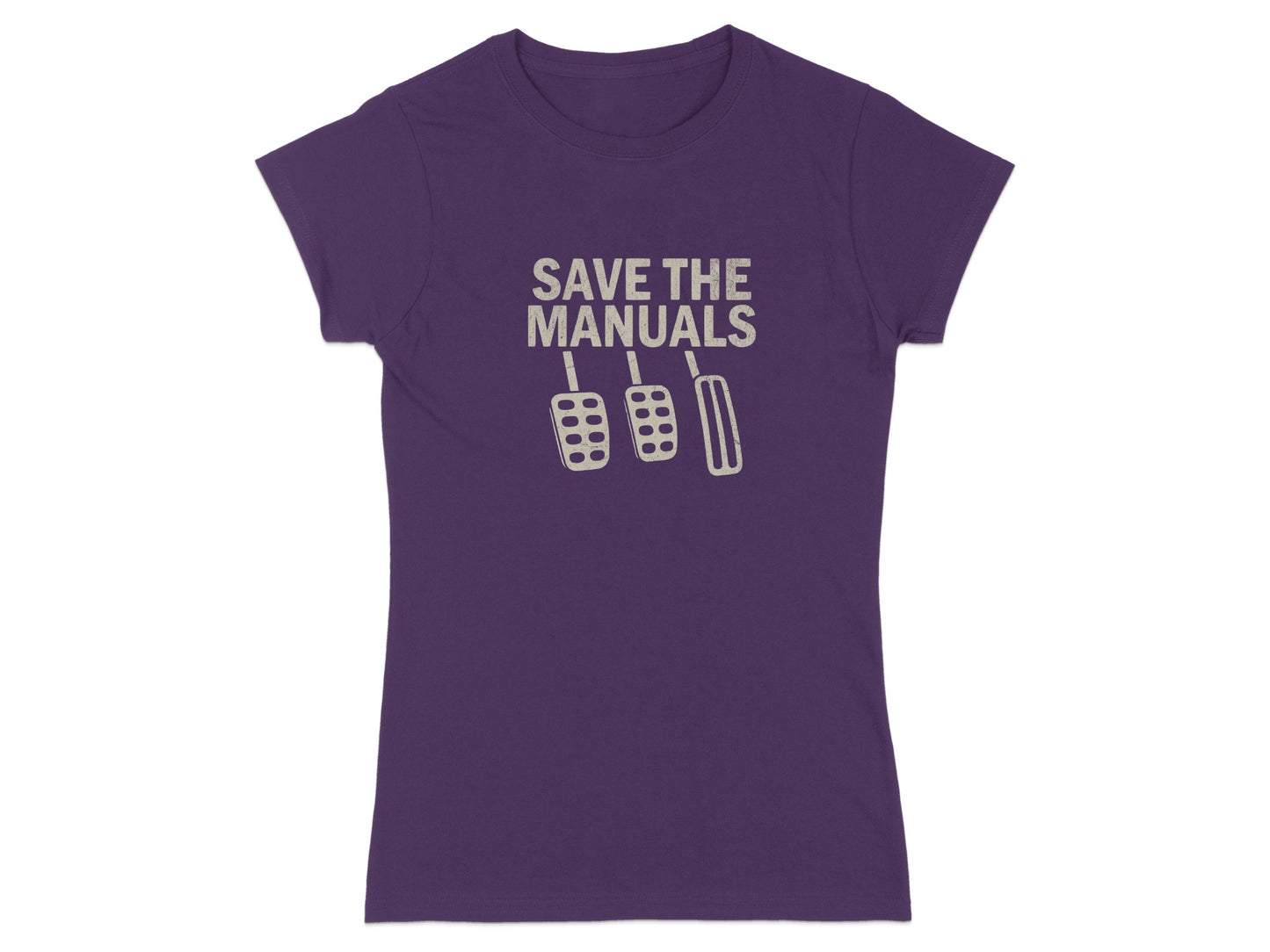 Purple t-shirt with "SAVE THE MANUALS" and three pedals graphic.