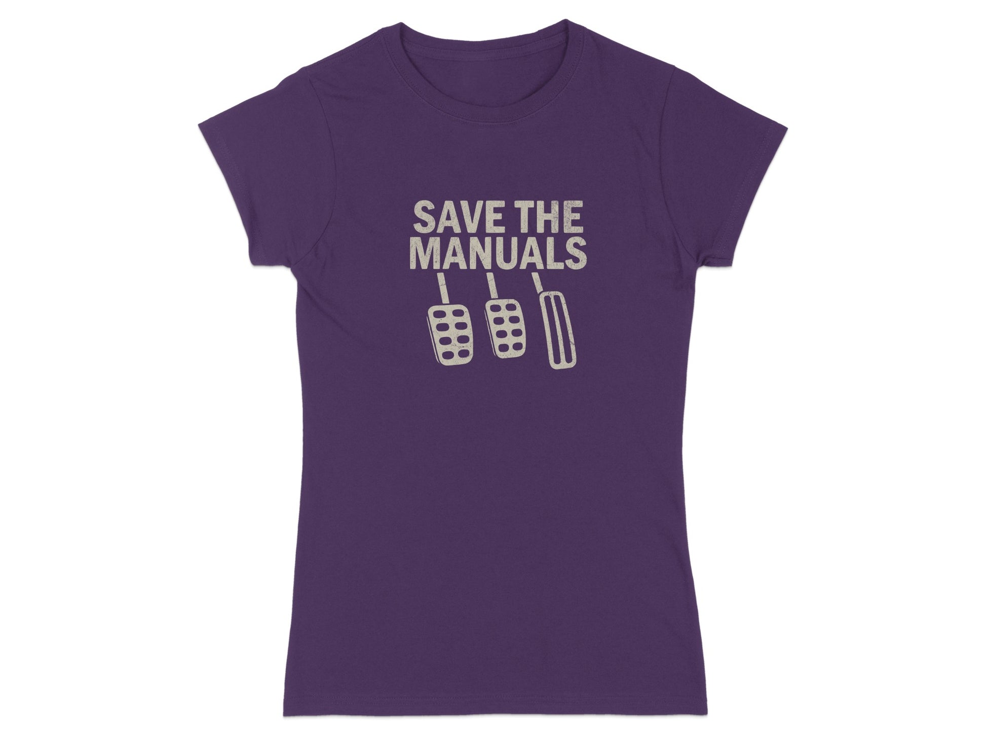 Purple t-shirt with "SAVE THE MANUALS" and three pedals graphic.