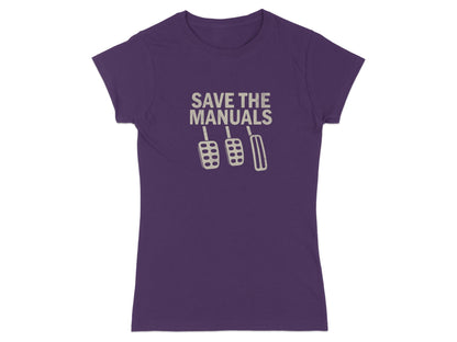 Purple t-shirt with "SAVE THE MANUALS" and three pedals graphic.